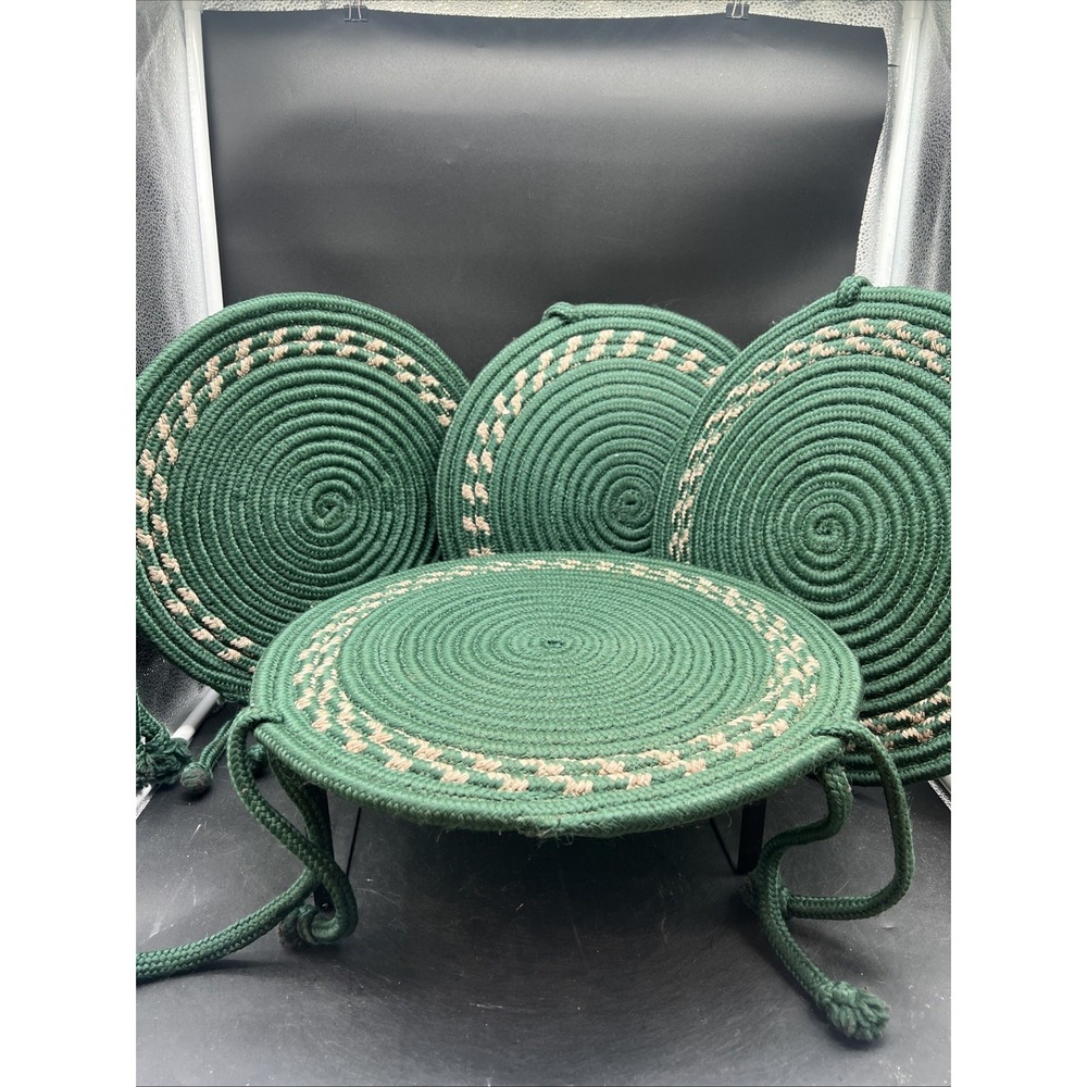 4 VTG 15" Round Chair Pads Braided Tie On Seat Cushion Green Beige Jute